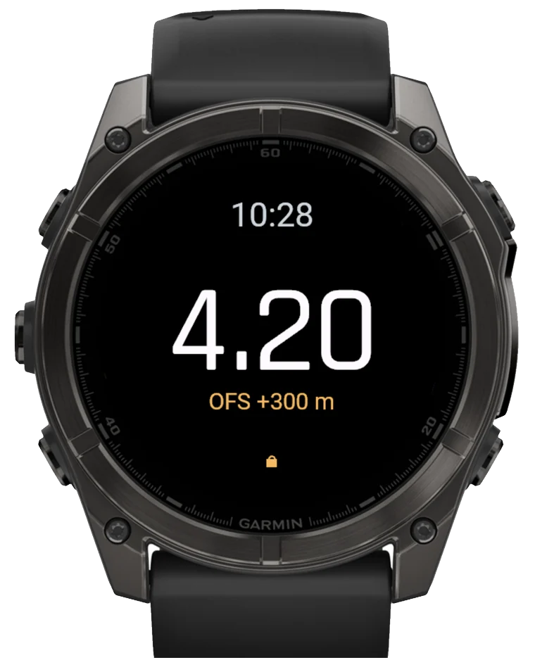 Landing offset badge, OFS +300 m, on the readout